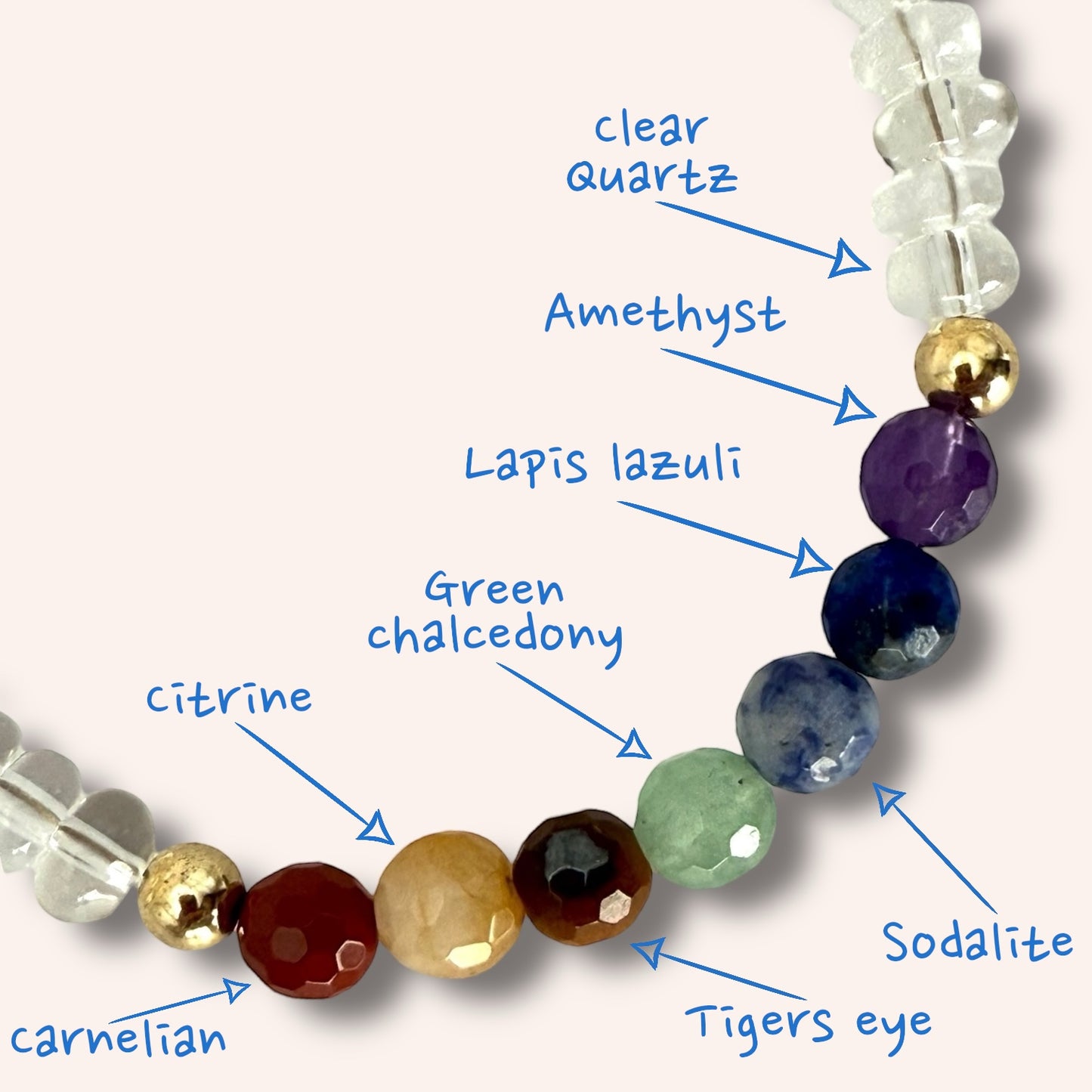 7 Chakra Clear Quartz Bracelet with 14k Gold-Filled Accents