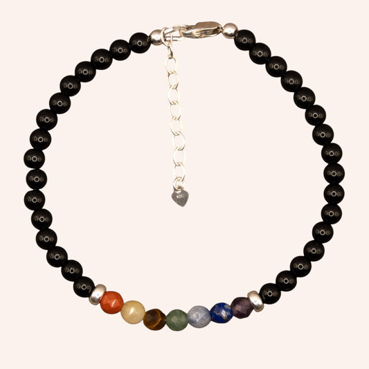 7 Chakra and Black Obsidian bracelet in Sterling Silver