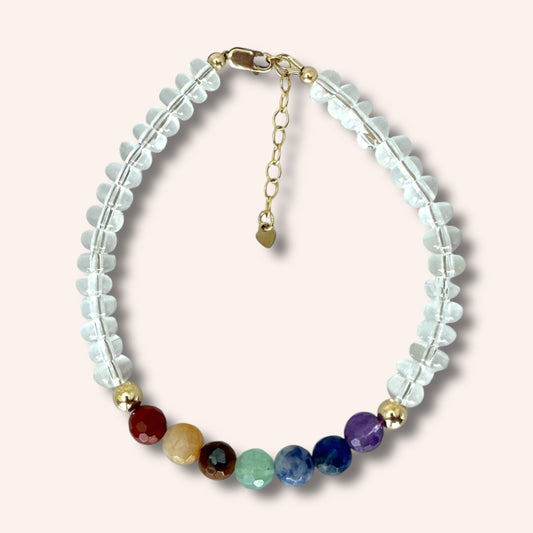 7 Chakra Clear Quartz Bracelet with 14k Gold-Filled Accents